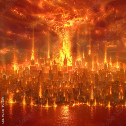 Apocalyptic Vision of City Under Attack from Celestial Firestorm  Science Fiction Concept of Urban Destruction  Dramatic and Intense Fantasy Catastrophe