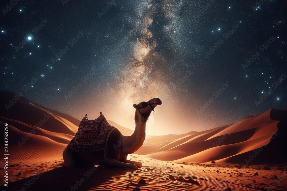 camel in the desert against the backdrop of the starry night sky. - obrazy, fototapety, plakaty 