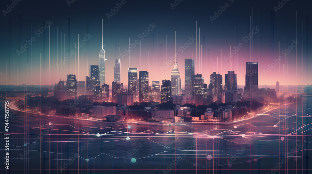  a cityscape with an illustration of financial indicators