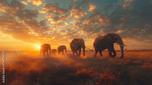 animal, elephant, mammal, sky, sunset, wild, background, wildlife, nature, field. herd of elephants walking across a dry grass field sunset with the sun in the background and a few trees in foreground © sornthanashatr