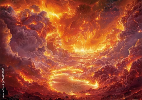 Spectacular Heavenly Cloudscape with Intense Swirling Flames, Symbolizing the Raw Power and Beauty of the Natural World