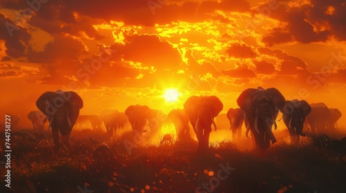 animal, elephant, mammal, sky, sunset, wild, background, wildlife, nature, field. herd of elephants walking across a dry grass field sunset with the sun in the background and a few trees in foreground