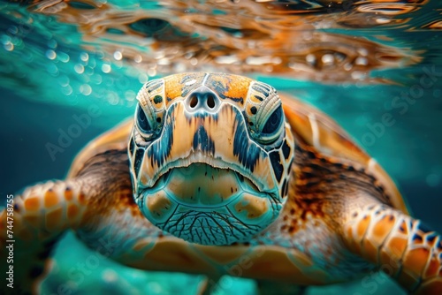 turtle, nature, underwater, water, animal, swimming, reef, sea turtle, tortoise, aquatic. close up to green sea turtle, portrait of happy sea turtle swimming underwater with sunshine via ai generated.
