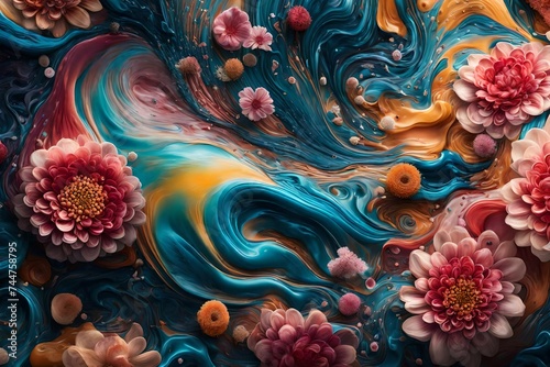A breathtaking high-resolution image showcasing the dynamic fusion of colorful liquids on a clean background, adorned with tasteful flower patterns, creating a visually appealing illustration