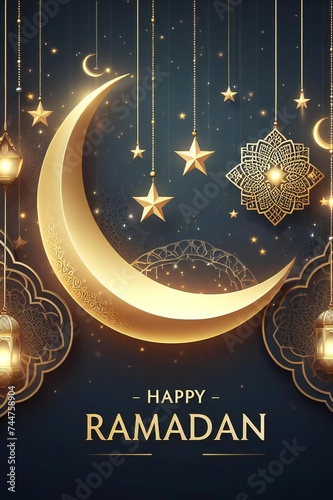 ramadan kareem lantern crescent moon, greeting card for Muslim and Arabic holiday.