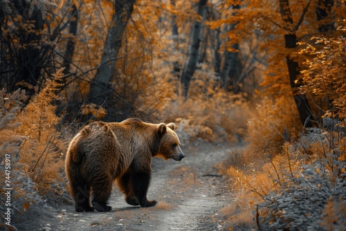 animal, bear, forest, mammal, nature, wildlife, big, brown bear, wild, background. close up to big brown bear walking in autumn forest with red maple. dangerous animal in nature forest, meadow habitat