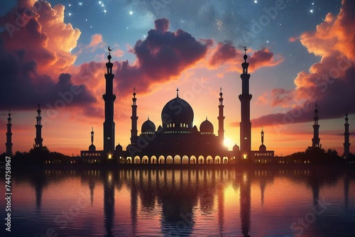 ramadan kareem. mosque with crescent and stars islamic lantern for eid mubarak greeting cover card.