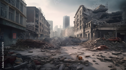  a scene of destruction and rubble in a modern city