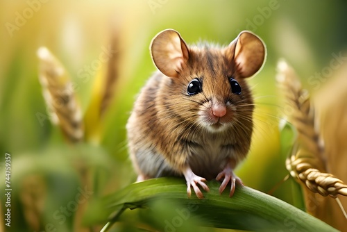 A small brown mouse is sitting on top of a stalk of wheat, looking to its right side. The background features a green field, providing a natural setting for the scene.
