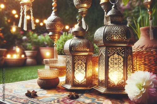ramadan decoration with arabic lantern and candle on a wooden table in the garden