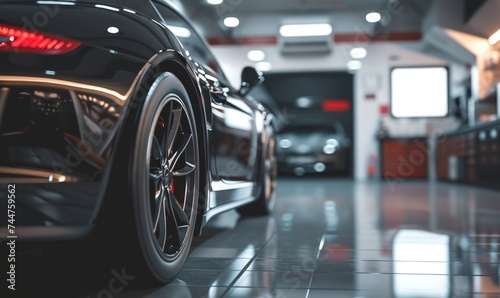 Capturing the sleek design and advanced technology of a luxury concept car, this close up highlights the intricate details of a parked vehicle's alloy wheel and synthetic rubber tire