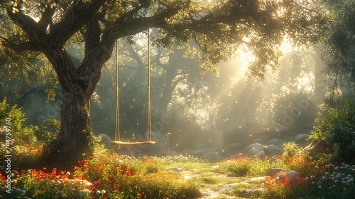 A magical forest clearing with a swing suspended from an enchanted tree, surrounded by dappled sun