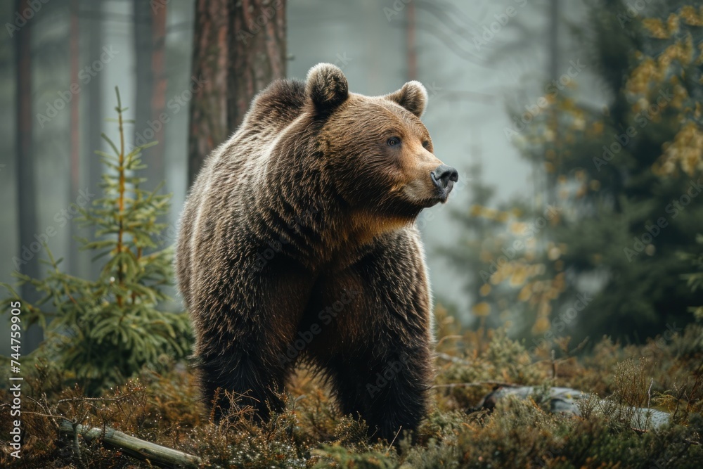 Fototapeta premium animal, bear, forest, mammal, nature, wildlife, big, brown bear, wild, background. close up to big brown bear walking in rainforest with thin fog. dangerous animal in nature forest and meadow habitat.