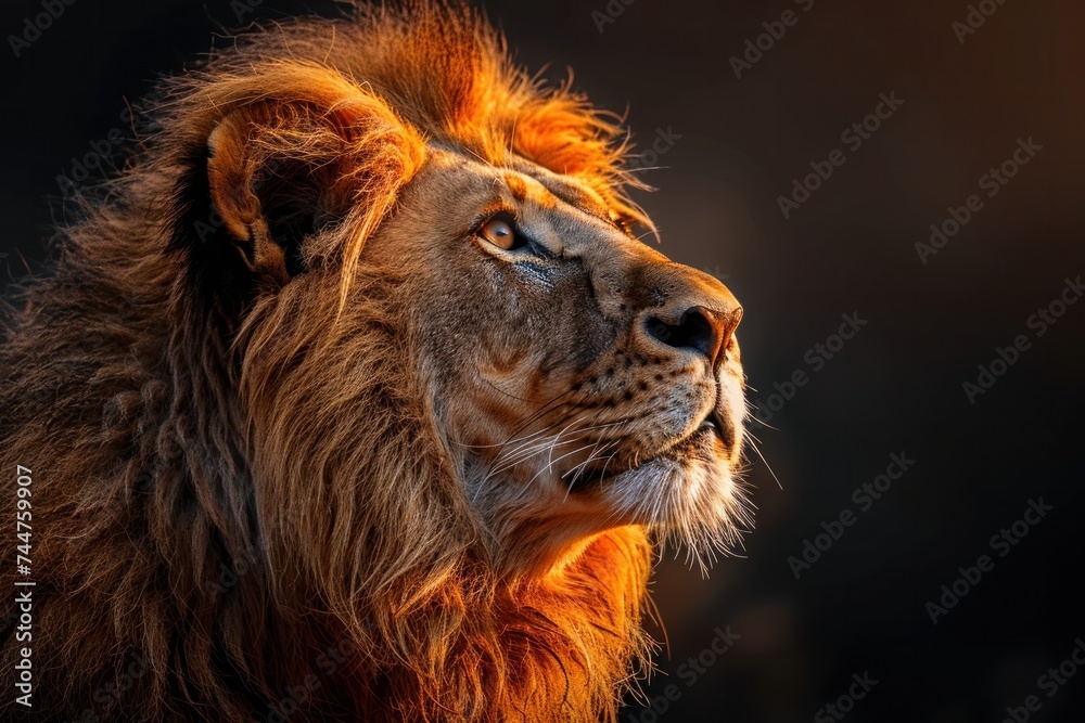 Fototapeta premium animal, nature, predator, wild, wildlife, ai, background, hunter, jungle, abstract. close up portrait of lion in dramatic against black background with enigmatic intense expression via Gen AI.