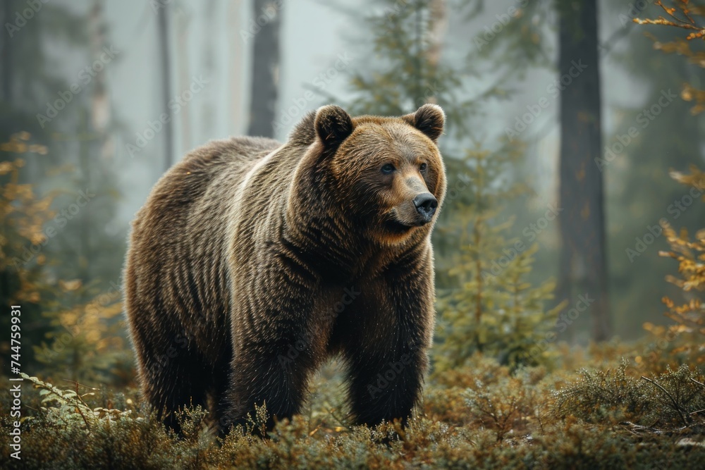 animal, bear, forest, mammal, nature, wildlife, big, brown bear, wild, background. close up to big brown bear walking in rainforest with thin fog. dangerous animal in nature forest and meadow habitat.