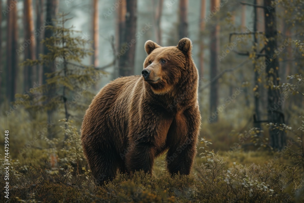 Fototapeta premium animal, bear, forest, mammal, nature, wildlife, big, brown bear, wild, background. close up to big brown bear walking in rainforest with thin fog. dangerous animal in nature forest and meadow habitat.