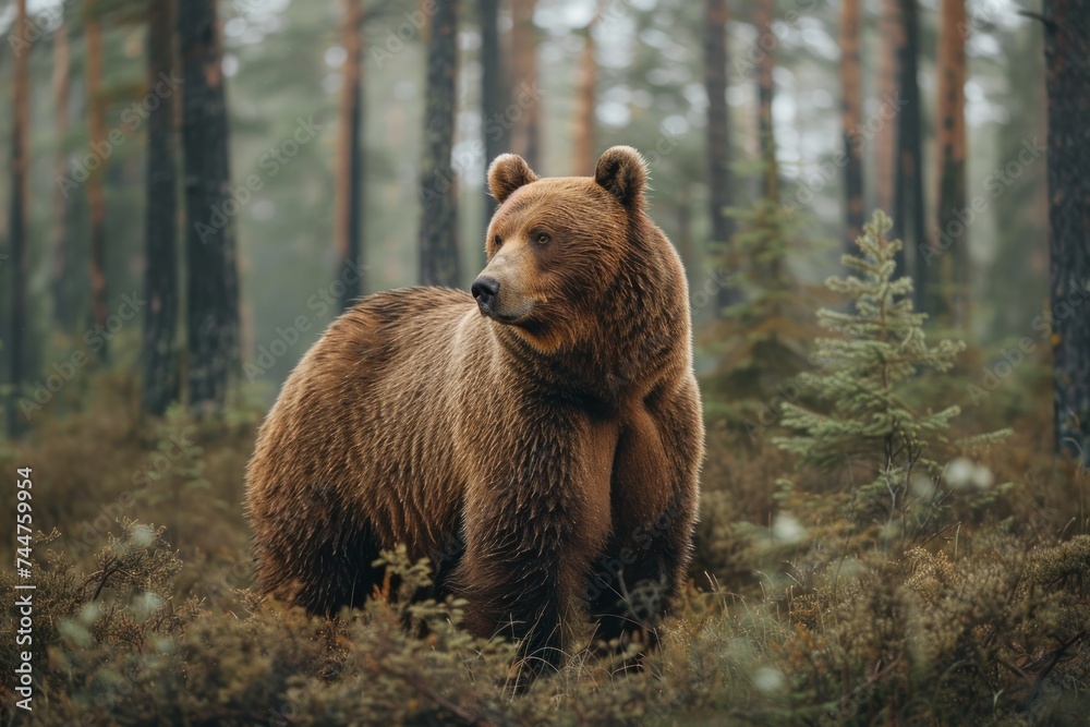 Fototapeta premium animal, bear, forest, mammal, nature, wildlife, big, brown bear, wild, background. close up to big brown bear walking in rainforest with thin fog. dangerous animal in nature forest and meadow habitat.