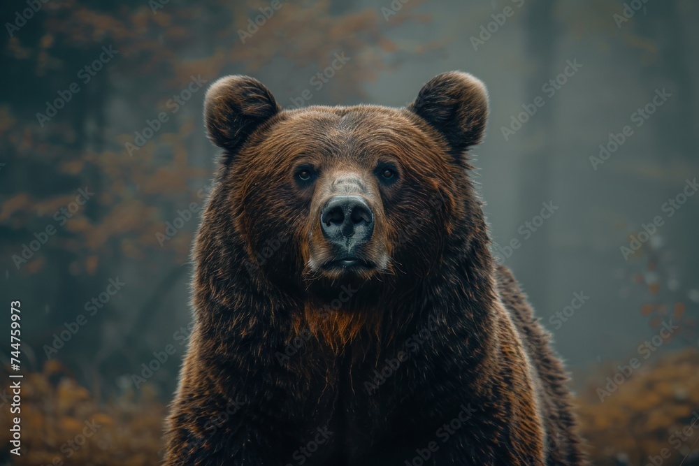 Obraz premium animal, bear, forest, mammal, nature, wildlife, big, brown bear, wild, background. close up to big brown bear walking in rainforest with thin fog. dangerous animal in nature forest and meadow habitat.