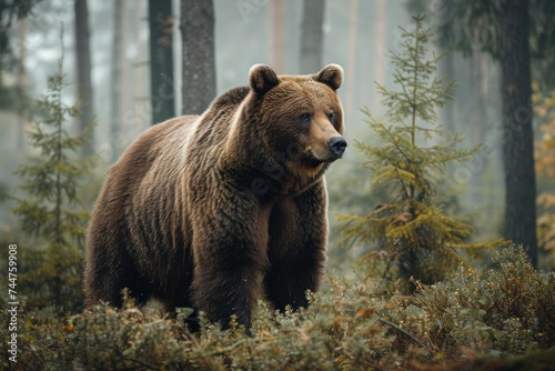 animal, bear, forest, mammal, nature, wildlife, big, brown bear, wild, background. close up to big brown bear walking in rainforest with thin fog. dangerous animal in nature forest and meadow habitat. © Day Of Victory Stu.