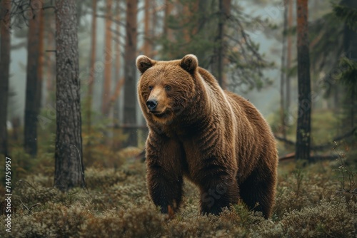animal, bear, forest, mammal, nature, wildlife, big, brown bear, wild, background. close up to big brown bear walking in rainforest with thin fog. dangerous animal in nature forest and meadow habitat.
