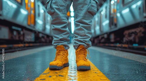  a close up of a person standing on a train platform with their feet propped up on a yellow and black platform with a train on the other side of them.