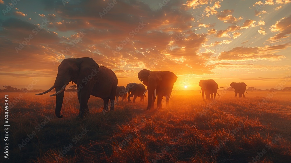 animal, elephant, mammal, sky, sunset, wild, background, wildlife, nature, field. herd of elephants walking across a dry grass field sunset with the sun in the background and a few trees in foreground - obrazy, fototapety, plakaty 