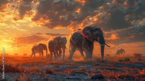 animal  elephant  mammal  sky  sunset  wild  background  wildlife  nature  field. herd of elephants walking across a dry grass field sunset with the sun in the background and a few trees in foreground