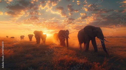 animal, elephant, mammal, sky, sunset, wild, background, wildlife, nature, field. herd of elephants walking across a dry grass field sunset with the sun in the background and a few trees in foreground © Day Of Victory Stu.