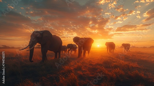animal, elephant, mammal, sky, sunset, wild, background, wildlife, nature, field. herd of elephants walking across a dry grass field sunset with the sun in the background and a few trees in foreground photo
