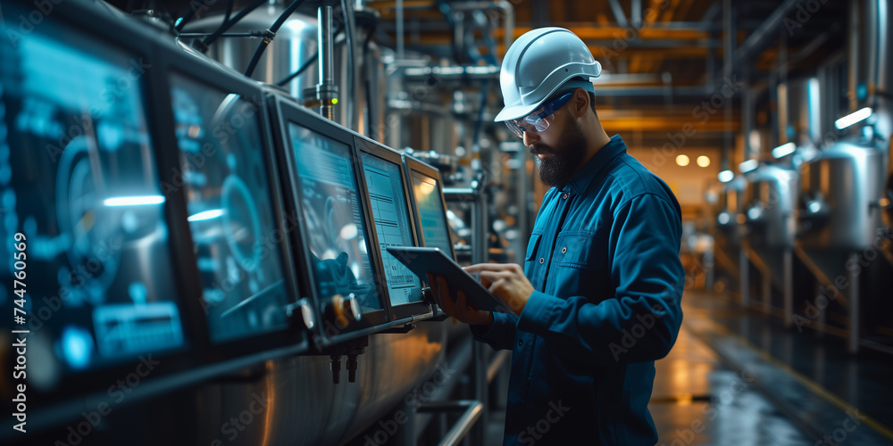 Industrial Expertise: Technician at Work. A concentrated male technician in a hard hat and safety glasses using a tablet to control processes in an industrial plant. - obrazy, fototapety, plakaty 