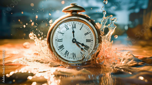 antique clock in the water, splashes and drops on the dial