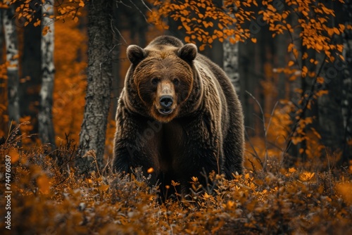 animal  bear  forest  mammal  nature  wildlife  big  brown bear  wild  background. close up to big brown bear walking in autumn forest with red maple. dangerous animal in nature forest  meadow habitat
