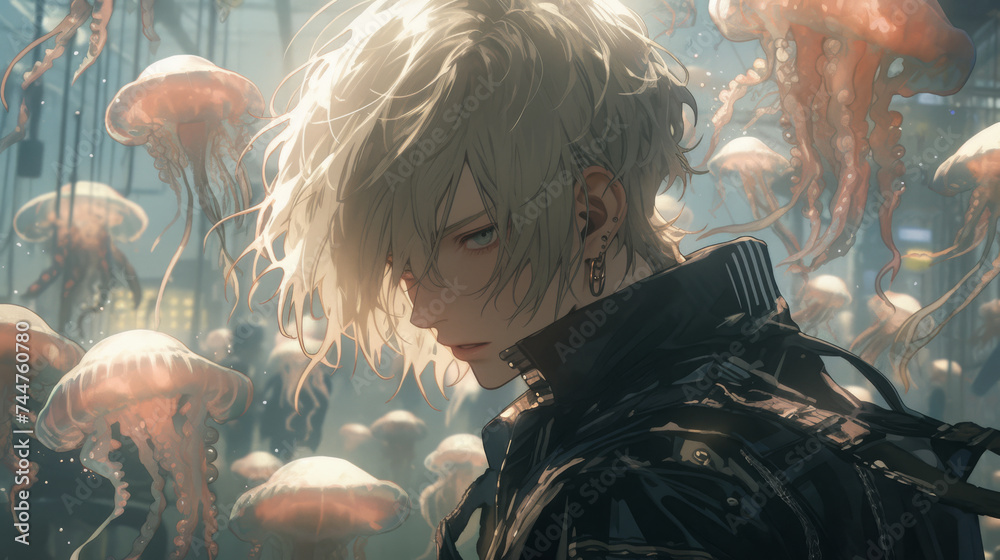 Obraz premium Handsome guy captured from a cinematic anime art style scene