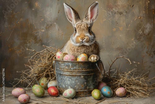 rabbit, easter egg, egg, animal, easter, ester, happy, background, celebration, colourful. background of easter eggs in basket with rabbit. Easter Bunny and colorful eggs generative ai illustration.