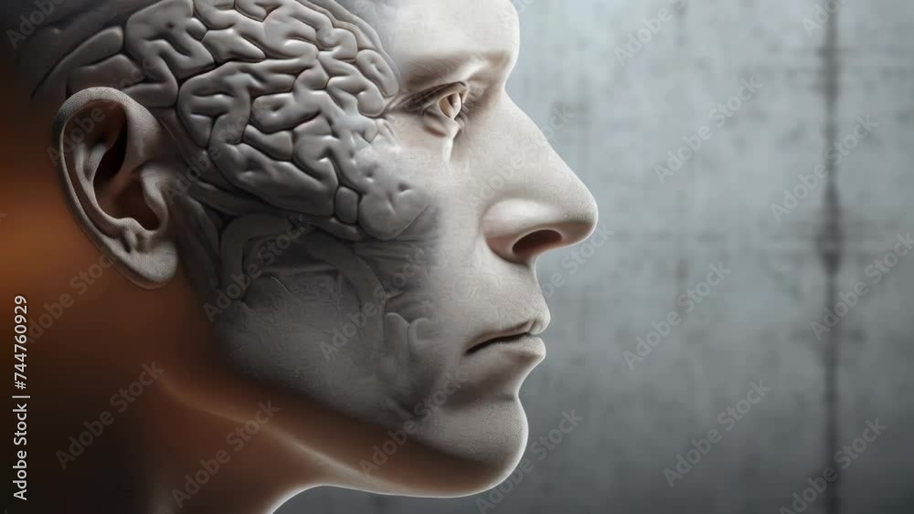 A statue of a man with a brain on his head. Suitable for science and education concepts. A statue of a man with a brain on his head. Suitable for science and education concepts.