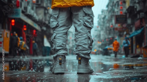  a person standing in the middle of a city street in the rain with their feet in the air, with a yellow jacket over their shoulders and a yellow jacket on.