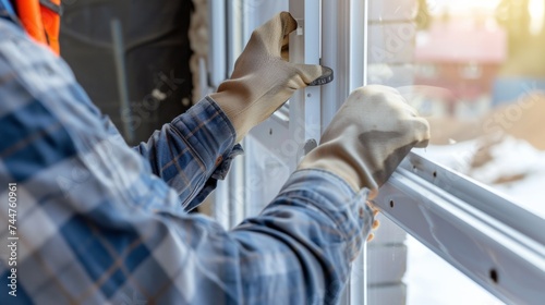 Construction worker putting sealing foam tape on window in house © Nataliya
