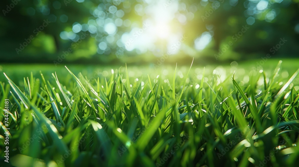 Fresh, green spring grass basking in sunlight, with a blurred sky in the background