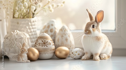 Easter decoration with rabbit and eggs and copy space.