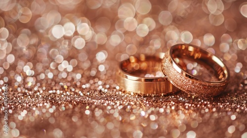 Panoramic banner of two upright gold wedding bands symbolic of love and romance on a textured glitter background