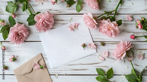 A blank white greeting card featuring a pink rose flower bouquet and an envel...