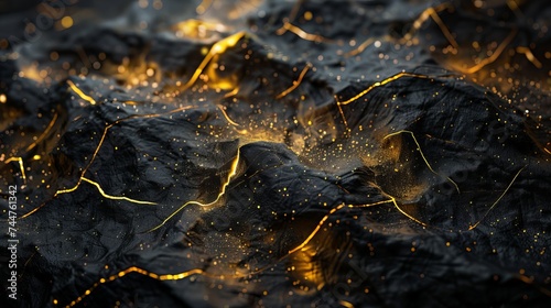 3D abstract wallpaper featuring a three-dimensional dark golden and black background, creating a luxurious golden wallpaper with hints of black for added depth and contrast. © shaiq