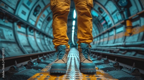  a close up of a person's legs and shoes on a conveyor belt in a space station, with a bright blue light coming from the end of the tunnel.