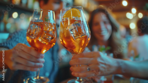 Friends enjoying spritz at a stylish cocktail bar, emphasizing the concept of...