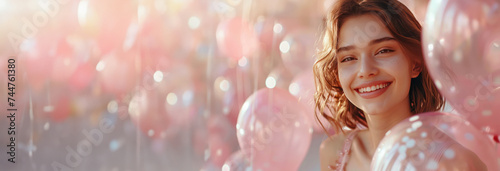 Smiling girl with freckles surrounded by pink balloons.