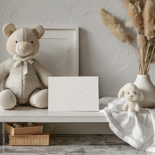 Blank card mockup and envelope for creating baby shower invitations, designin...