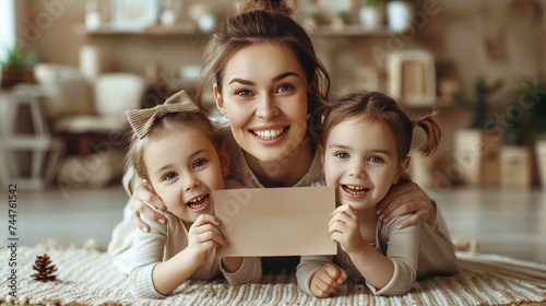 A cheerful young woman receiving gifts from children, with two adorable twin ...