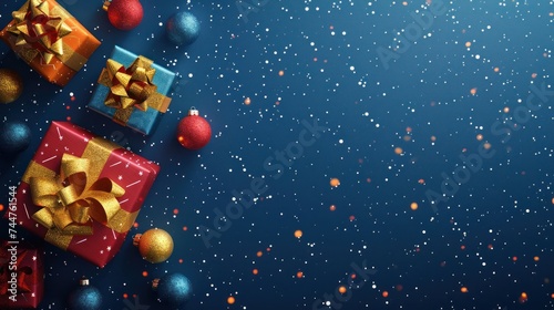 holiday greetings with gift boxes on a blue background.