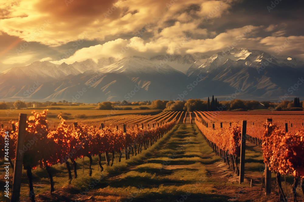 Vineyard near Mendoza, beautiful landscape in autumn sunset
