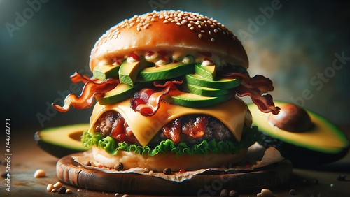 A mouthwatering burger loaded with cheese, bacon, and avocado,  Food photography